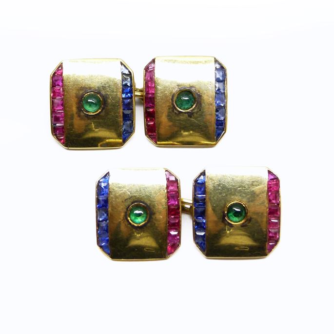 Pair of gold, ruby, sapphire and emerald cufflinks | MasterArt
